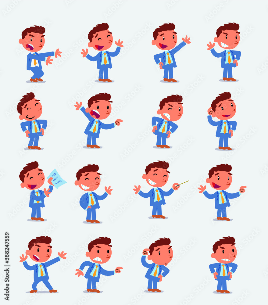 Cartoon character businessman in smart casual style. Set with different postures, attitudes and poses, doing different activities in isolated vector illustrations.