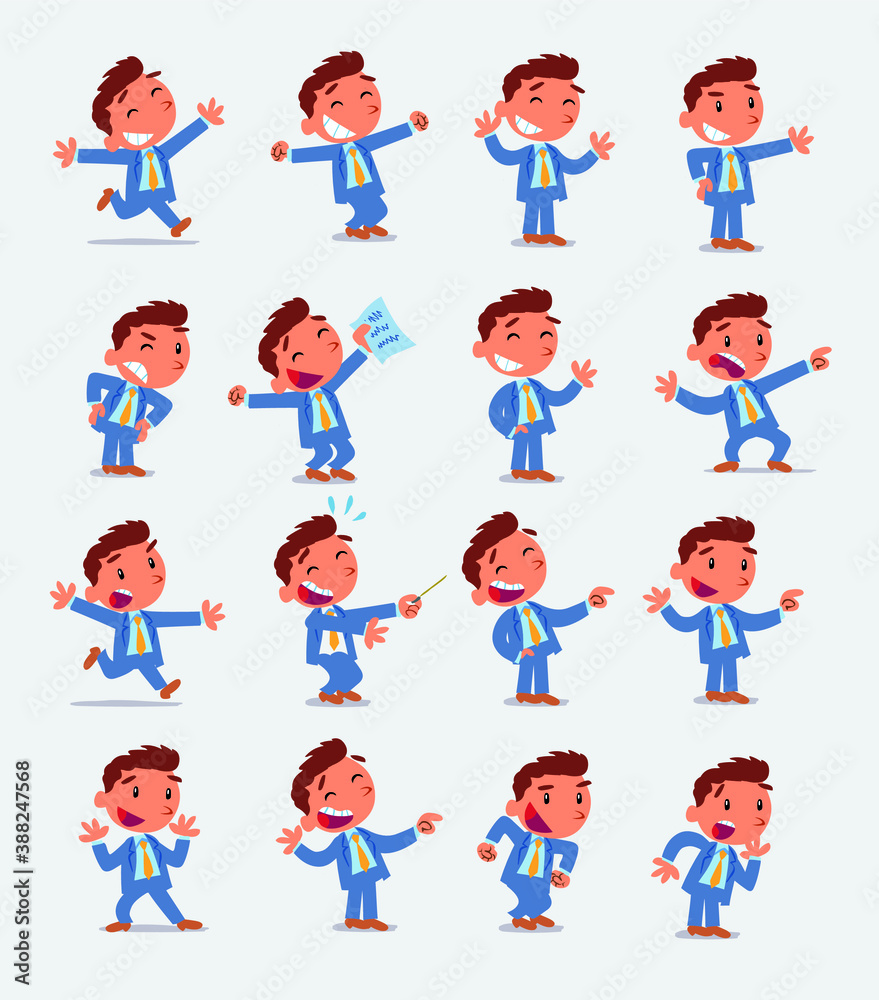 Cartoon character businessman in smart casual style. Set with different postures, attitudes and poses, doing different activities in isolated vector illustrations. Cartoon character businessman in smart casual style. Set with different postures, attitudes and poses, doing different activities in isolated vector illustrations.