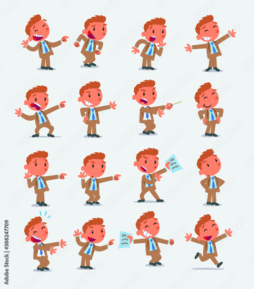 Cartoon character businessman in smart casual style. Set with different postures, attitudes and poses, doing different activities in isolated vector illustrations.