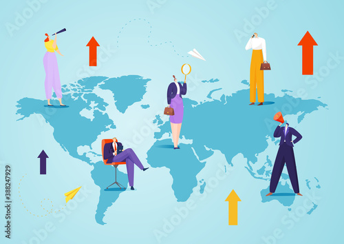Business people deal by network connection, vector illustration. Businessman woman success teamwork at world map, global design technology concept. Web team work in internet, flat worldwide contract.
