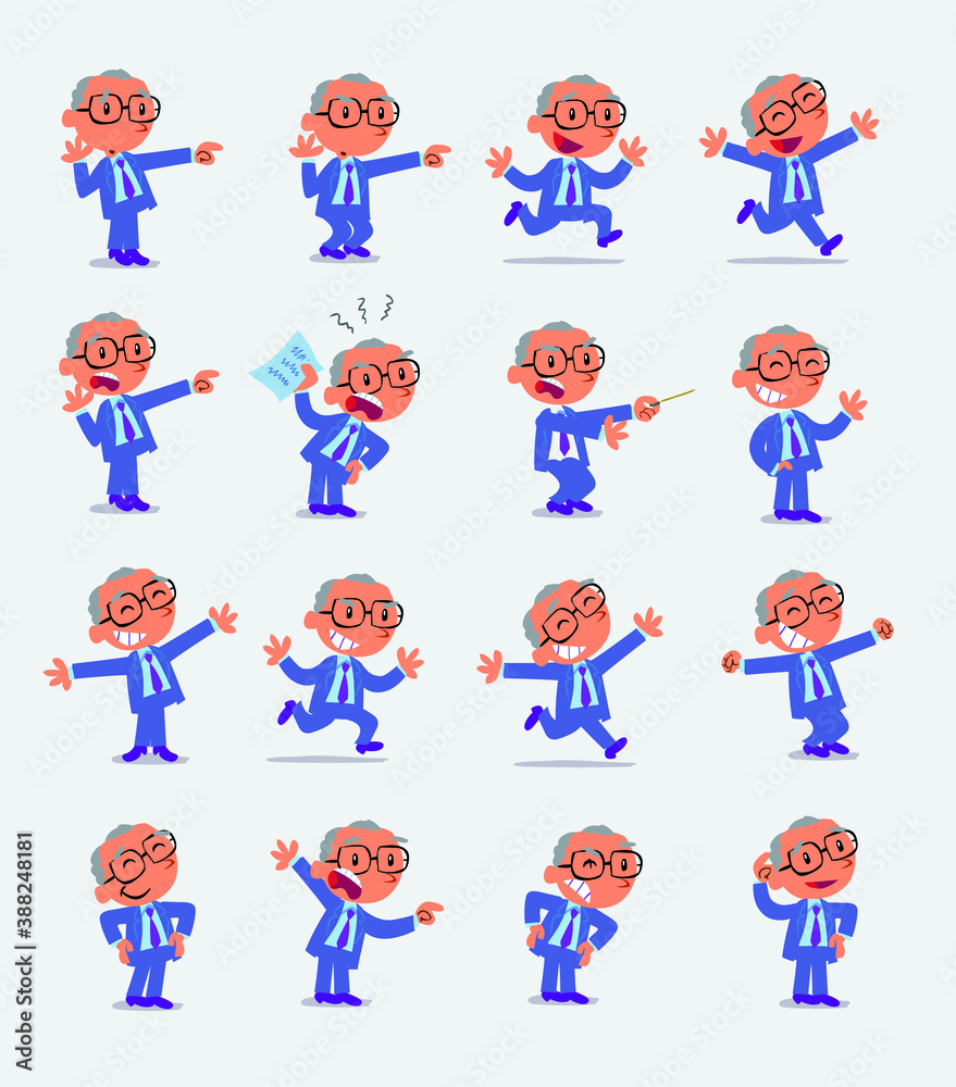 Cartoon character businessman in smart casual style. Set with different postures, attitudes and poses, doing different activities in isolated vector illustrations.