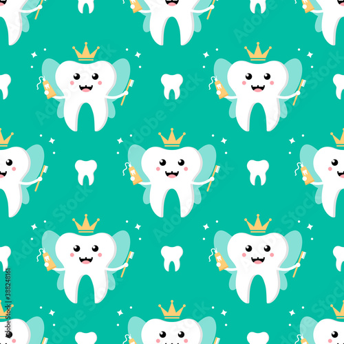 Cute cartoon style tooth fairy, tooth queen with toothpaste and brush vector seamless pattern background.
