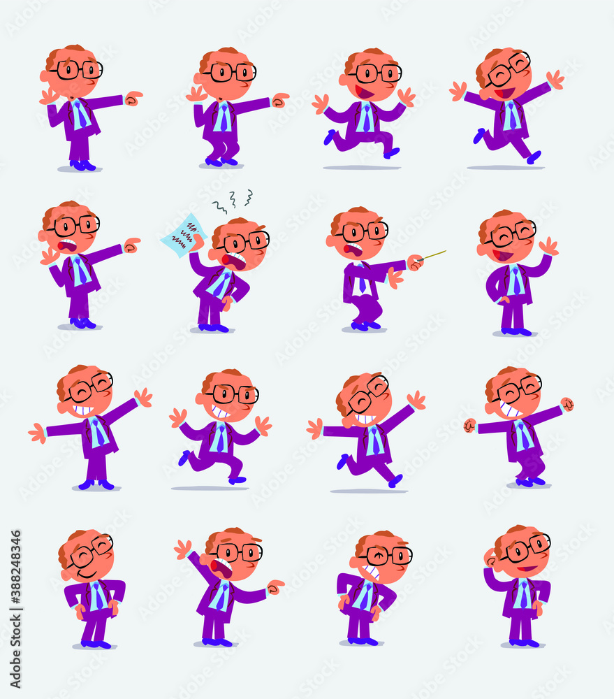 Cartoon character businessman in smart casual style. Set with different postures, attitudes and poses, doing different activities in isolated vector illustrations.