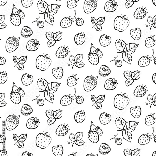 Seamless pattern with Strawberry and leaves. Graphic hand drawn engraving style. Doodle illustration for packaging, menu cards, posters, prints.