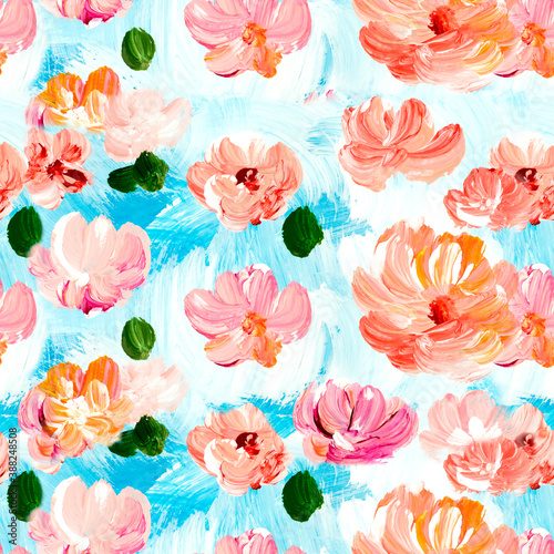 Seamless pattern abstract red and pink flowers, art painting, creative hand painted background, brush texture, acrylic painting.