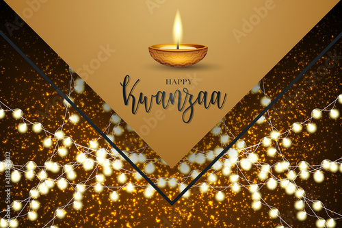 Kwanzaa banner or poster. Traditional african american ethnic holiday design concept with golden glitter and candles. Vector illustration.