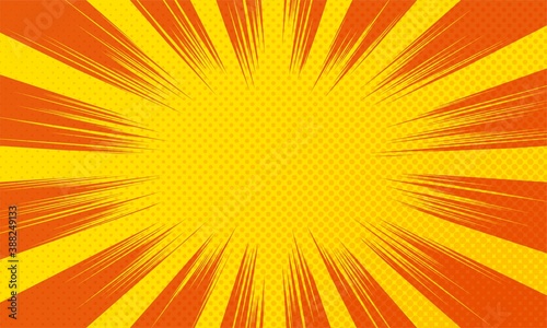 Pop art yellow background. Comic cover with halftone and sunburst 