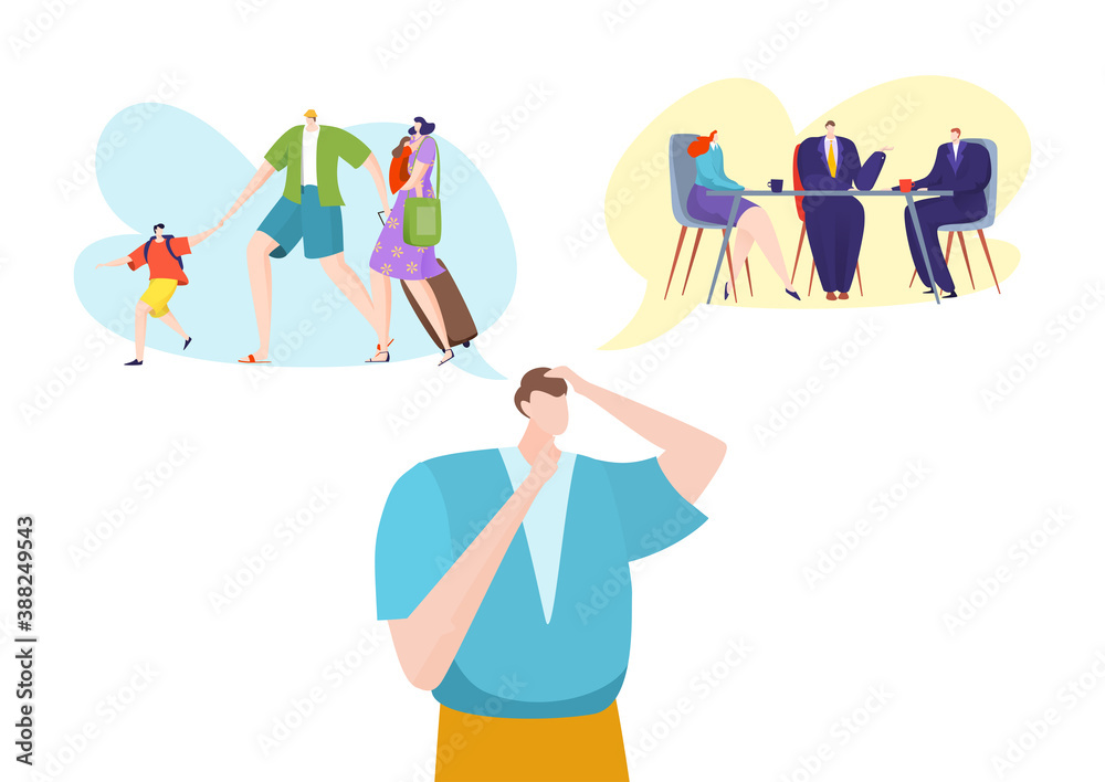 Flat man choice between family, career concept vector illustration. Success business work, life at cartoon home balance. Character compare lifestyle for person harmony, comparison dilemma.