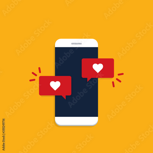 Free Download Vector illustration smartphone with heart emoji speech bubble get message on screen. Social network and mobile device concept. Flat design for print, websites, web banner. - GFXLoad