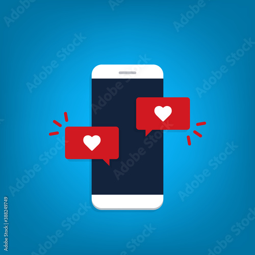 Free Download Vector illustration smartphone with heart emoji speech bubble get message on screen. Social network and mobile device concept. Flat design for print, websites, web banner. - GFXLoad