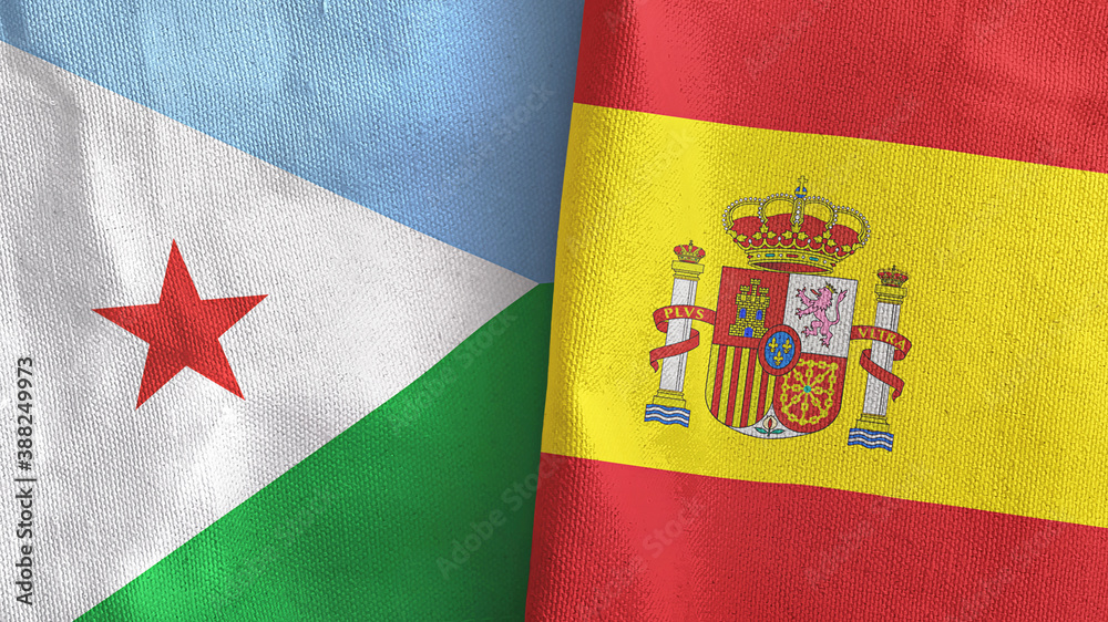 Fototapeta premium Spain and Djibouti two flags textile cloth 3D rendering