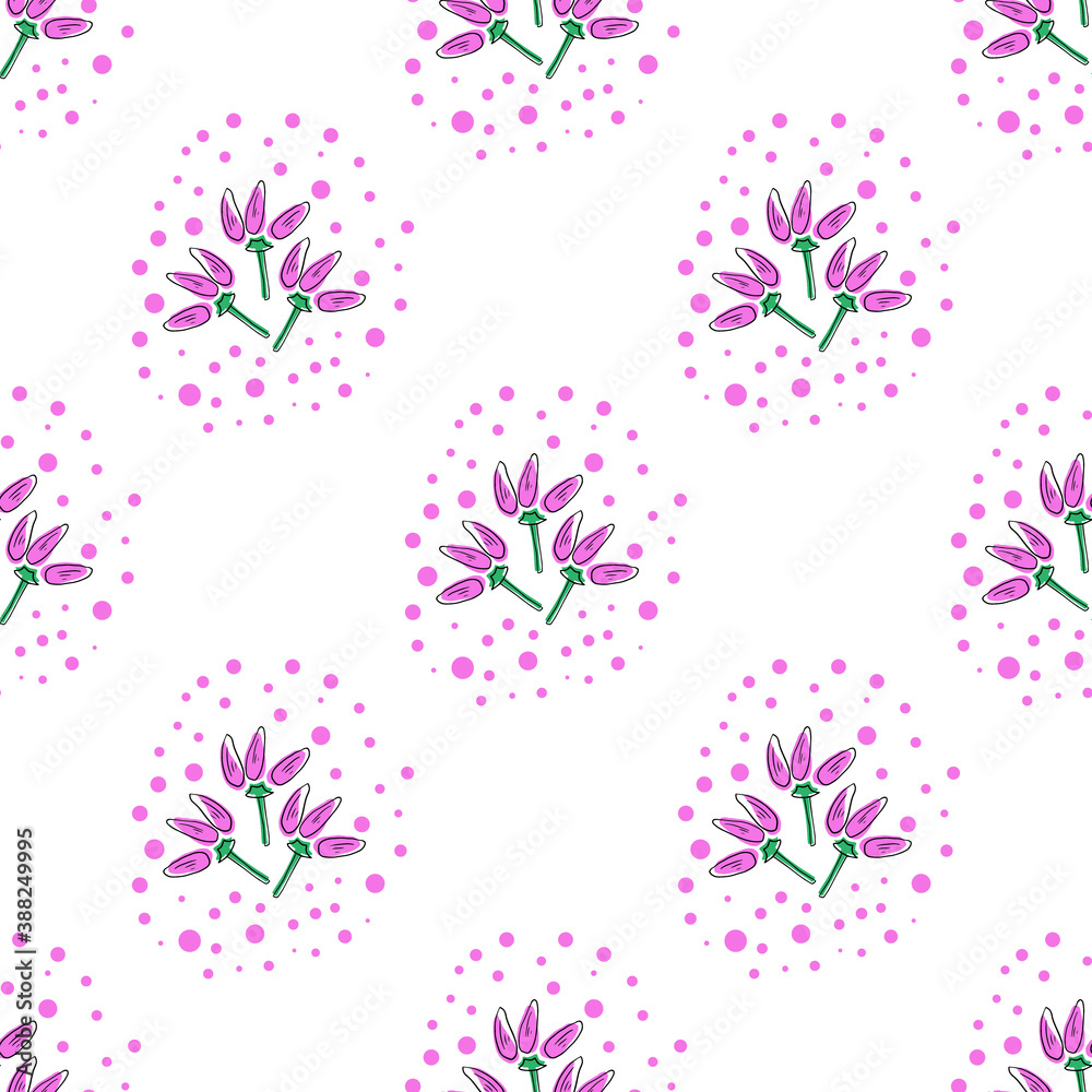 Vector seamless pattern with pink flowers on a white background. Use in fabric, wrapping paper, wallpaper, bags, clothes, dishes, cases on smartphones and tablets. Vector seamless pattern with pink flowers on a white background. Use in fabric, wrapping paper, wallpaper, bags, clothes, dishes, cases on smartphones and tablets.