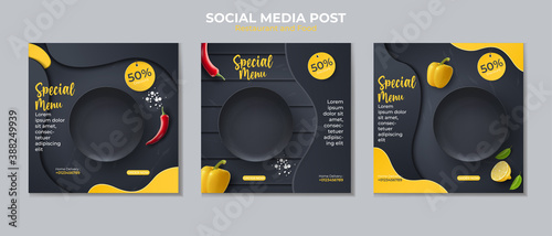 Food social media post template. vector illustration with plate, peppers, chilies.