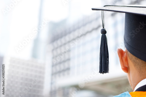 shot of backside young male graduation hats during commencement success, Concept education congratulation the graduate in University. 
