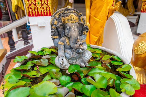 Ganesha in the middle of the pond and lotus leaf. photo