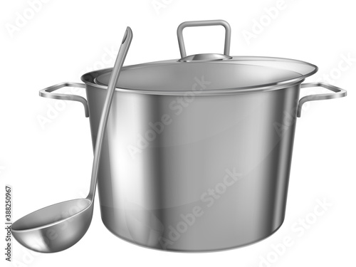 Stainless steel saucepot and ladle. Vector illustration.