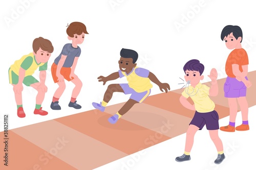 Happy children playing sport game. Boy and girl doing physical exercise. Kids doing long jump. Active healthy childhood. Flat vector cartoon illustration isolated on white background