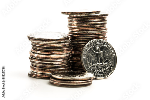 Stack of american quarters isolated on white background