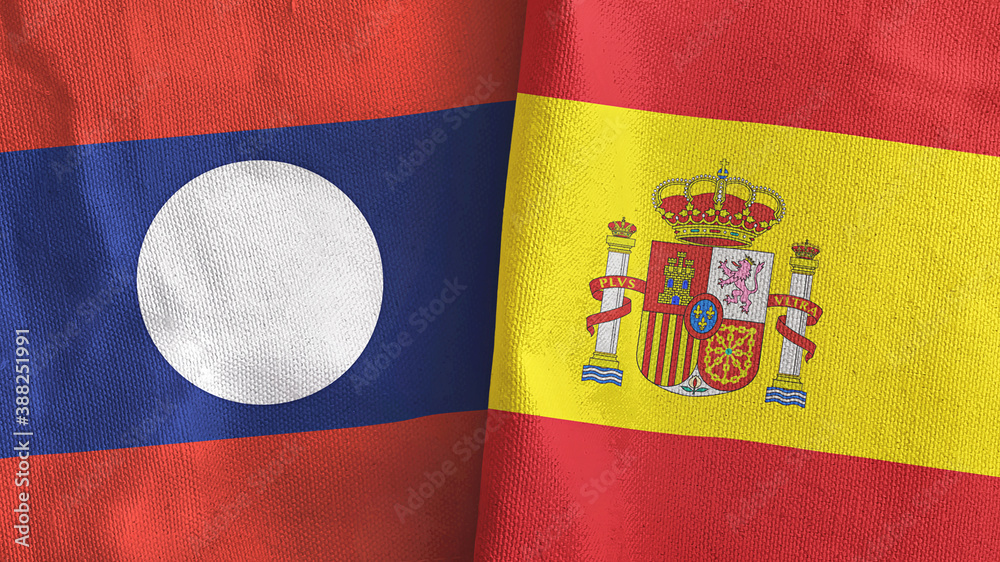 Fototapeta premium Spain and Laos two flags textile cloth 3D rendering