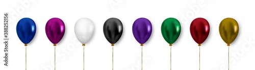 Balloon set for decoration. Realistic vector clipart.  Multicolored balloons with gold ribbon and bow isolated on white background.