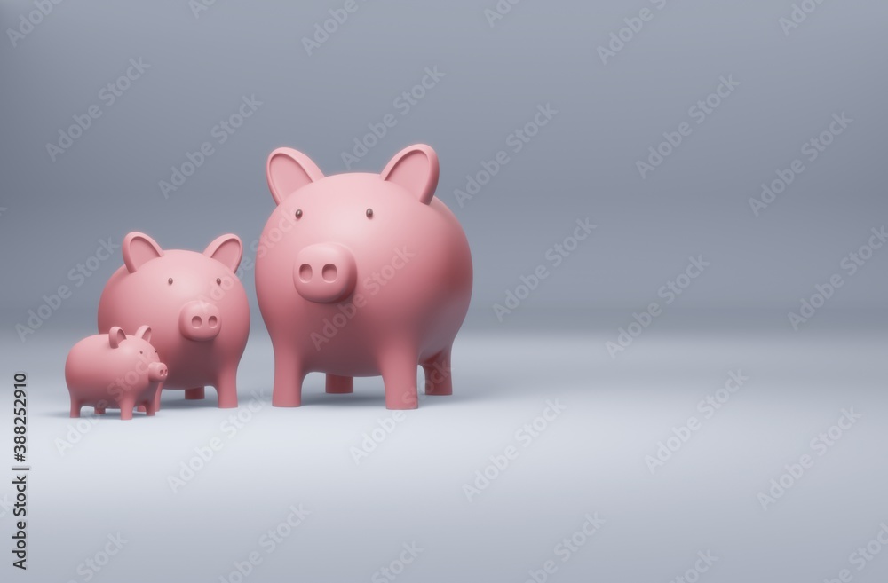 3D render - Piggy bank with coins money cash isolated on white background, Icon piggy bank in isometric style, concept of saving money. Pig money box icon.