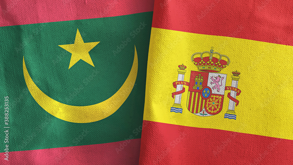 Fototapeta premium Spain and Mauritania two flags textile cloth 3D rendering