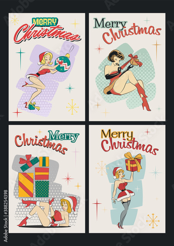 Christmas Pin Up Girls, Mid Century Modern Greeting Cards Style Illustrations 