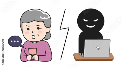 An elderly woman is tricked by a fake website on a tablet or smartphone. Vector illustration isolated on white background.	