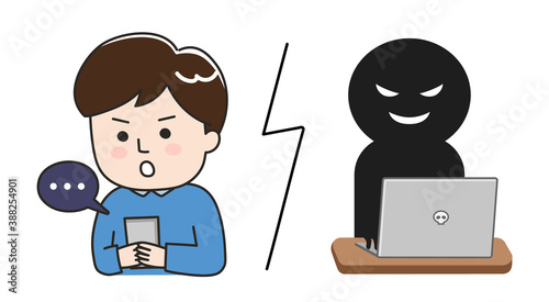 Young man getting scammed by a fake website on tablet or smartphone. Vector illustration isolated on white background.	
