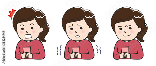 Facial expressions of woman using a smartphone in a bad situation. Vector illustration isolated on white background.