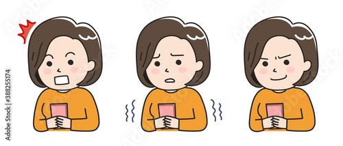 Facial expressions of woman using a smartphone in a bad situation. Vector illustration isolated on white background.