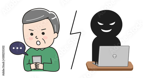 Man getting scammed by a fake website on tablet or smartphone. Vector illustration isolated on white background.