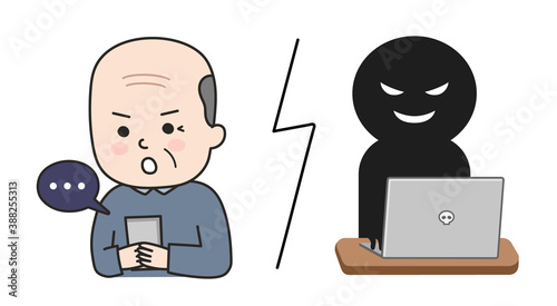 Elderly man getting scammed by a fake website on tablet or smartphone. Vector illustration isolated on white background.