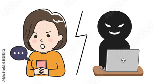 Woman getting scammed by a fake website on tablet or smartphone. Vector illustration isolated on white background.	