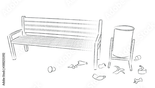 A sketch of a bench and a trash can around which garbage is scattered