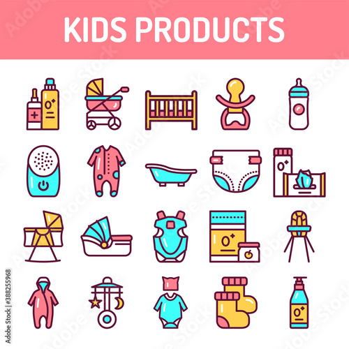 Kids products black line icons set. Isolated vector element. Outline pictograms for web page, mobile app, promo