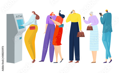 Atm bank queue for man woman person character with cash vector illustration. Cartoon machine technology for male female terminal payment. Isolated people group with money, business service.
