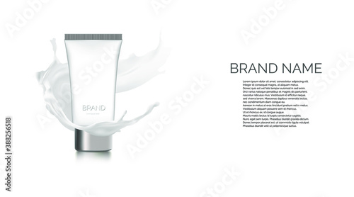Milk cleansing cosmetics bottle mockup banner. Skin care cosmetic product pump tube on white background with milky splash. Face or body moisturizer packaging design. Realistic 3d vector illustration