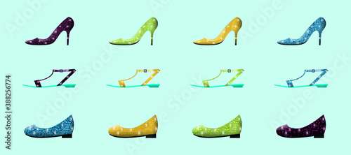 set of shoes modern cartoon icon design template with various models. vector illustration isolated on blue background