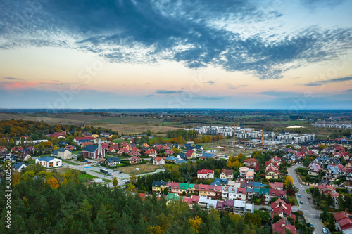Aerial landscape of the Rotmanka village at sunset. Poland
