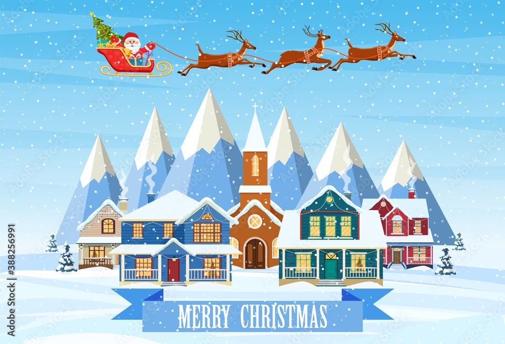 A house in a snowy Christmas landscape. Santa Claus on a sleigh. concept for greeting or postal card. Merry christmas holiday. New year and xmas celebration