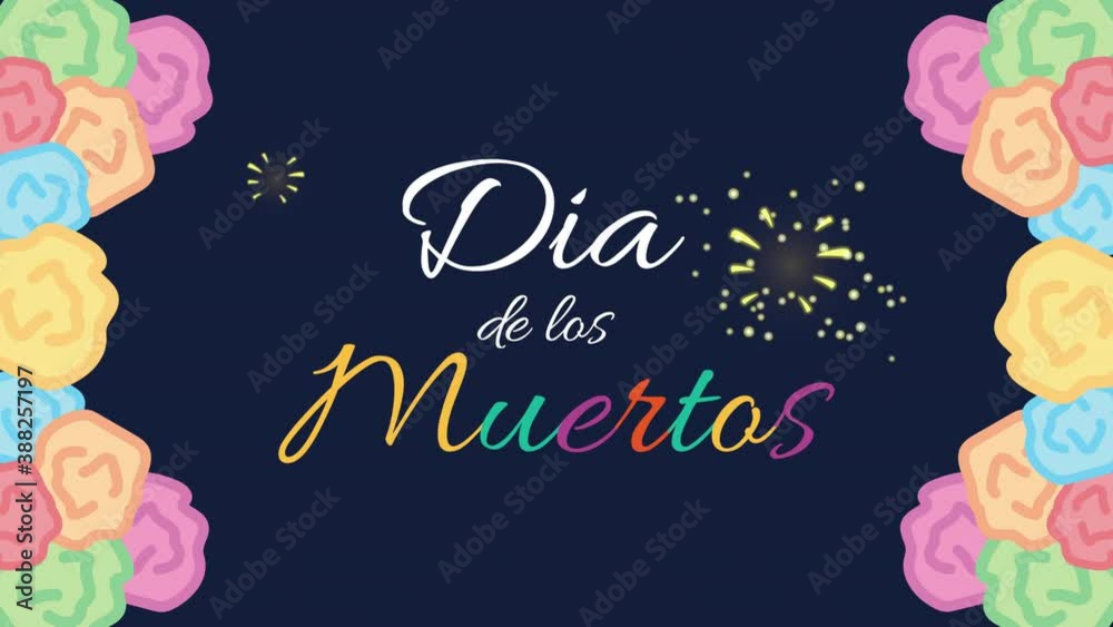dia de los muertos animation with lettering in floral frame