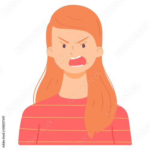 Angry girl avatar. Female emotions. Flat cartoon character isolated on white background. Vector illustration.