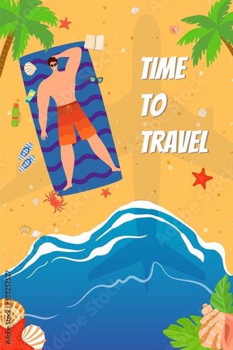 Beach vacation holiday at sea, tropical summer sunbathing vector illustration. Time to travel, people at summer sand resort. Man relax at ocean shore, sun and water leisure, cartoon banner.