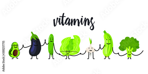 Funny vegetables with text balloons go hand in hand one after another. Vector vegetable isolates in cartoon style. Vitamins. Handwriting