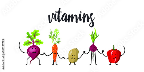 Funny vegetables with text balloons go hand in hand one after another. Vector vegetable isolates in cartoon style. Vitamins. Handwriting