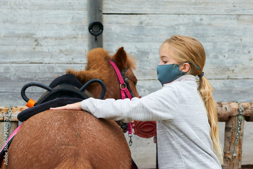 Child grooming horse with brush, Girl cleaning and taking care of horse 