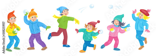 Winter fun. Group of happy boys and girls playing snowball. Banner in cartoon style. Isolated on white background. Vector flat illustration.