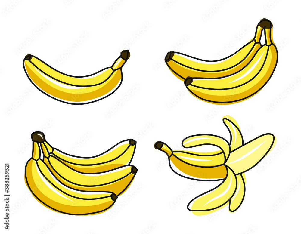 Bananas in flat style. Banana icons. Vector illustration isolated on white background. Tropical fruits, banana snack or vegetarian nutrition. Vegan food vector icons in a trendy cartoon style.
