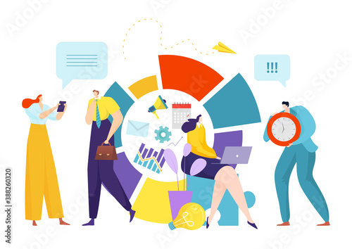 Teamwork routine, employee job in team vector illustration. Worker at corporate company workplace, busy manager at desk.Meeting time with colleague, deadline group management and project plan.